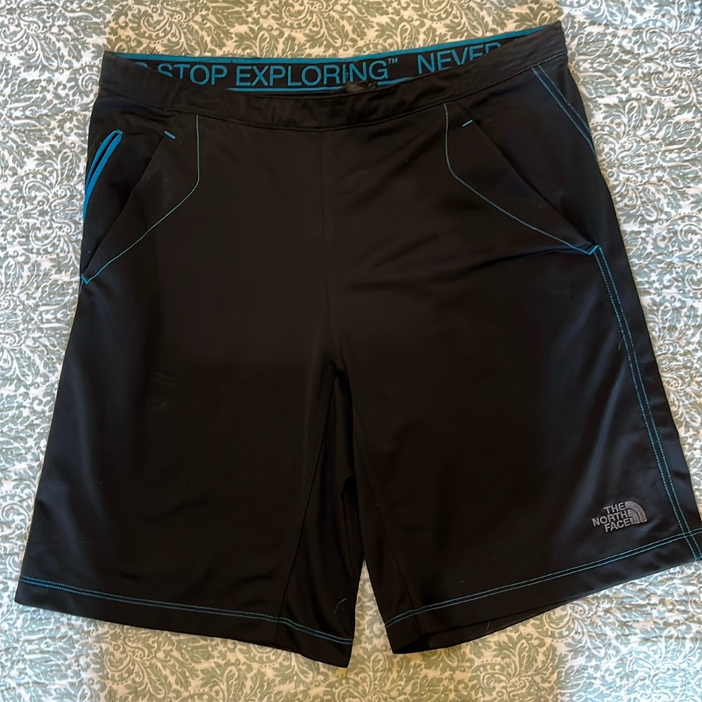 The north face shorts. Black with royal blue stitching and zipper pocket detail.